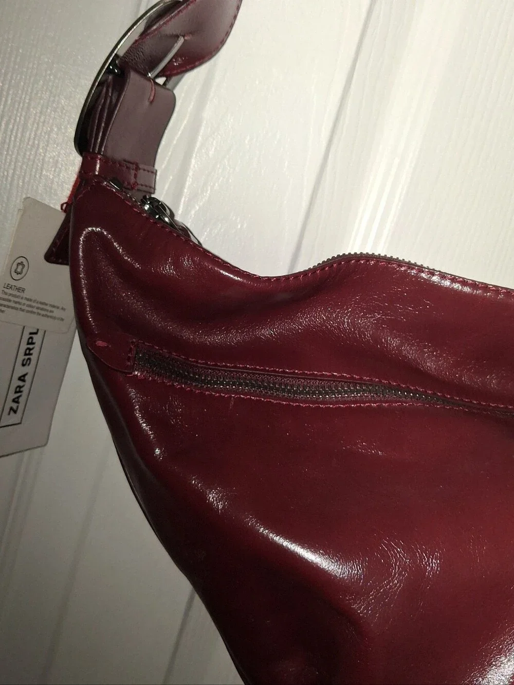 ZARA Large Burgundy Leather Crescent Shoulder Bag Double Buckle Strap Zip  close